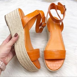 New Marc Fisher Jenia Croc Embossed Platform Wedge Espadrille Sandal in Orange